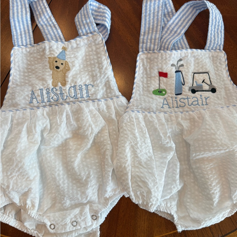“ Alistair” embroidery White and Blue Baby Rompers - 1st birthday